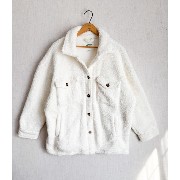 aerie Jackets & Blazers - Aerie Womens Cream White Sherpa Fleece Button Up‎ Shacket Jacket Large L/G